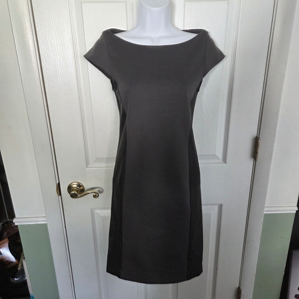 Alice+Olivia Panel Sheath Dress Boat Neck Cap Sleeve Grey Leather Silk Blend Sm